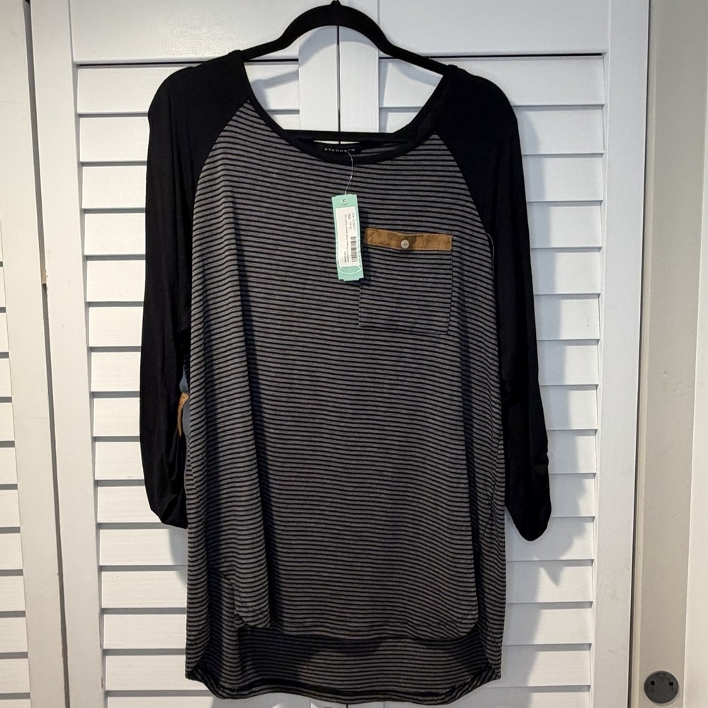 Staccato Madeline Raglan Roll Sleeve Knit Top Gray Black Stripe XXL‎ New
